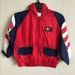 All Mine Hoodie Windbreaker Zip Up Red Blue Americana Flight Jacket Retro 80s